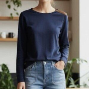 Ralph Lauren Womens Navy Long Sleeve Tee with faux Suede patches Size XL